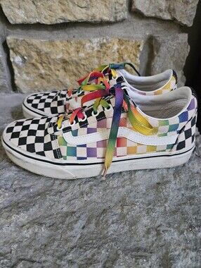 Vans Ward Black, White, and Rainbow Check Women's Sneakers 9